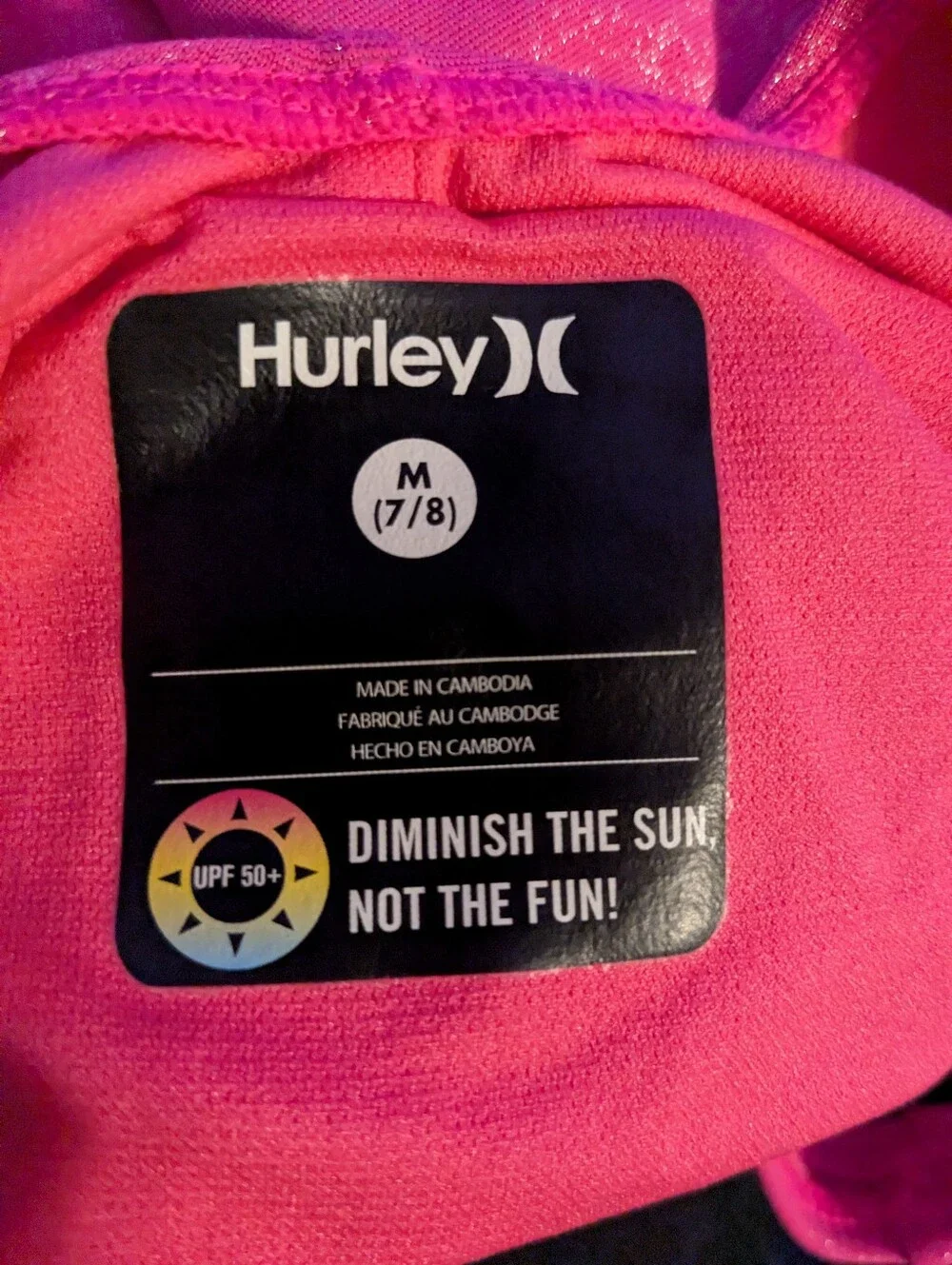 Hurley Hot Pink Girls' One-Piece Swim with Aqua, Yellow, Lavender Stripes